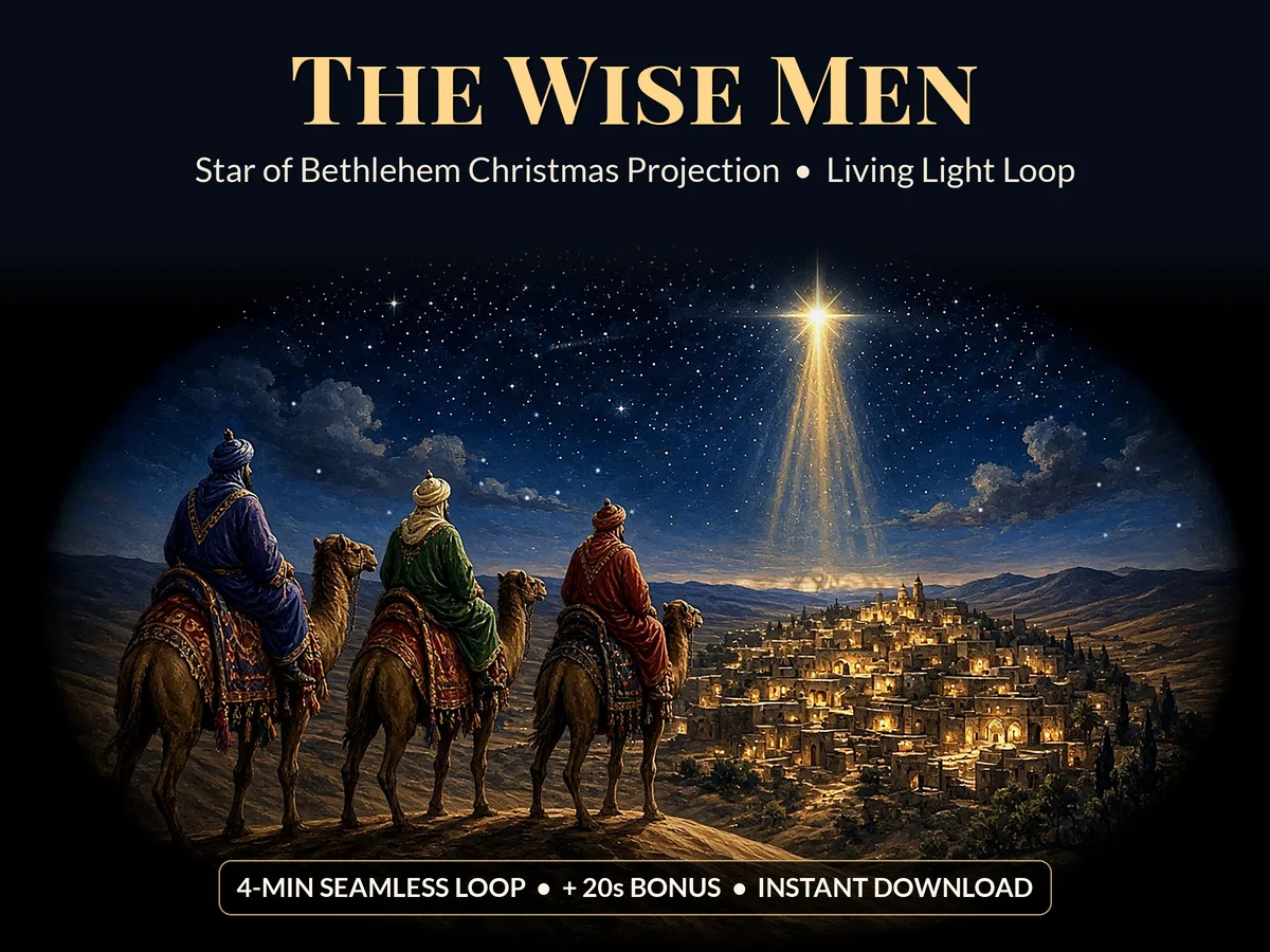 Wise Men: Star of Bethlehem Projection glowing on a window at night